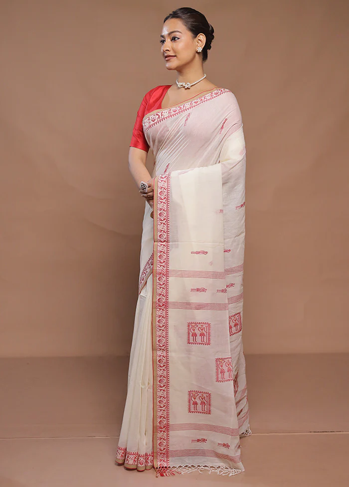 Cream Cotton Saree With Blouse Piece - Image 4