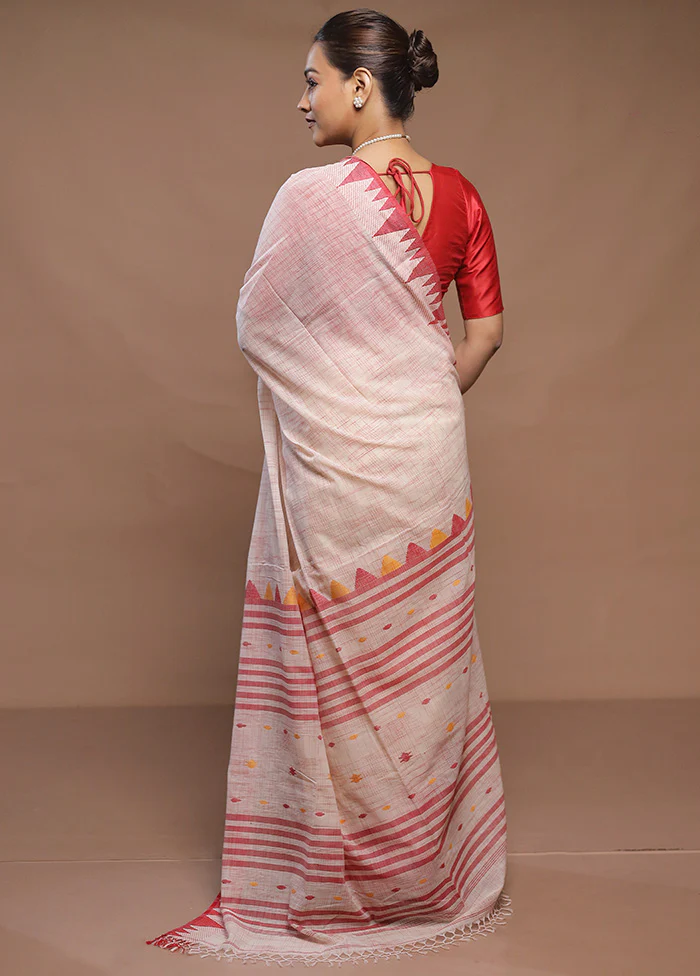 Cream Cotton Saree With Blouse Piece - Image 3