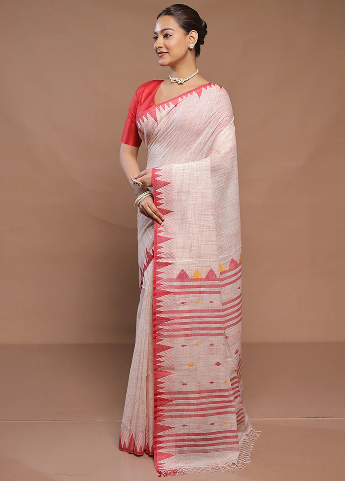 Cream Cotton Saree With Blouse Piece - Image 4