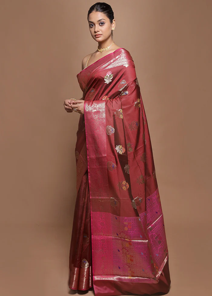 Maroon Kora Silk Saree With Blouse Piece - Image 4