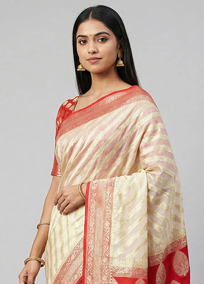 Cream Kora Silk Saree With Blouse Piece - Image 2