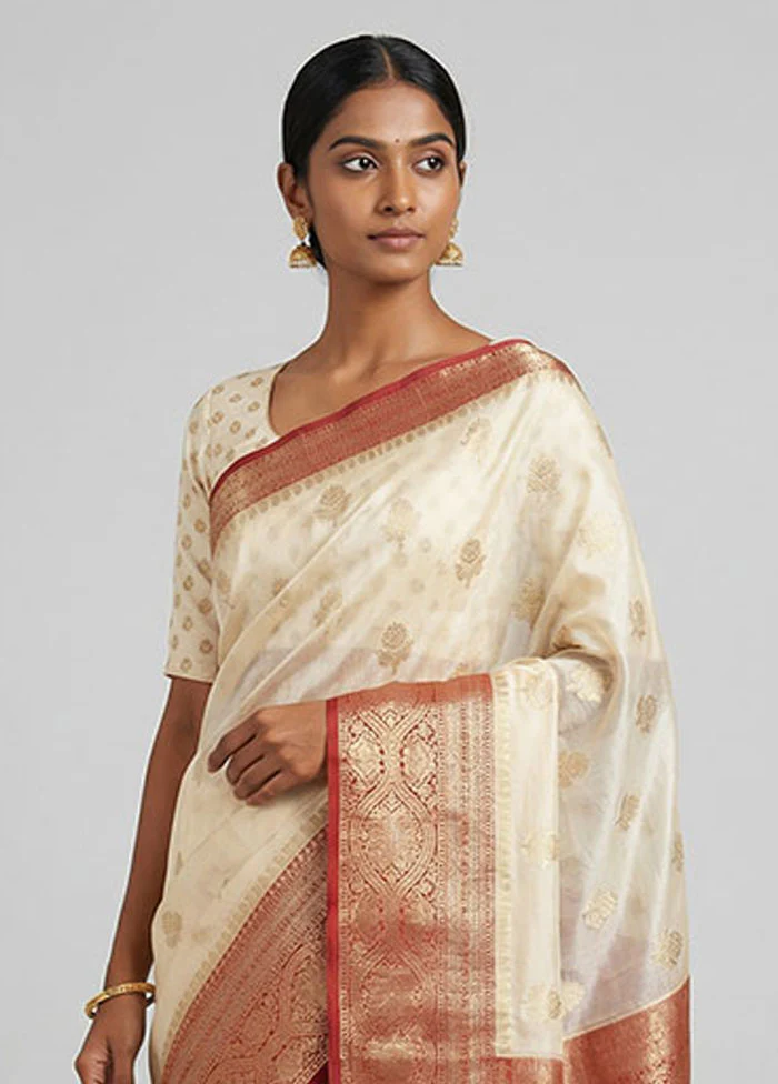 Cream Kora Silk Saree With Blouse Piece - Image 2