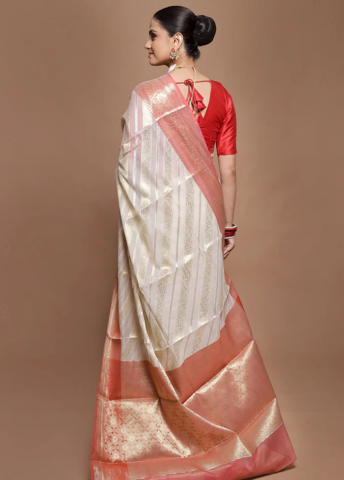 Cream Kora Silk Saree With Blouse Piece - Image 3