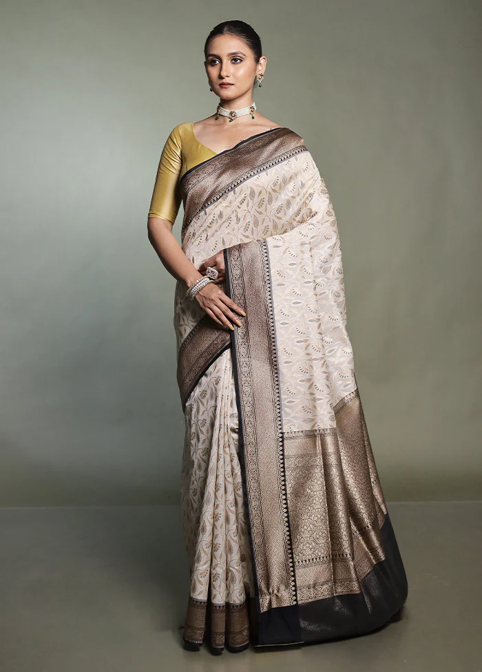 Cream Kora Silk Saree With Blouse Piece - Image 2