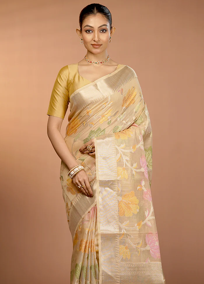 Cream Kora Silk Saree With Blouse Piece