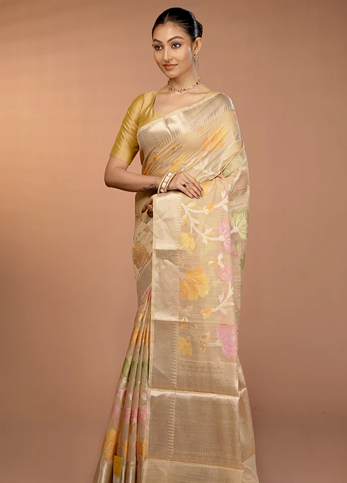 Cream Kora Silk Saree With Blouse Piece - Image 4