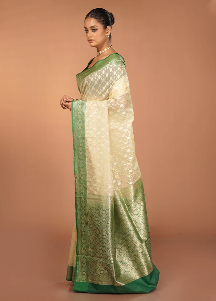 Cream Kora Silk Saree With Blouse Piece - Image 4