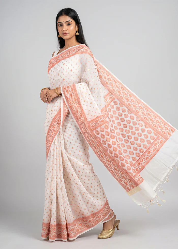 Cream Kora Silk Saree With Blouse Piece