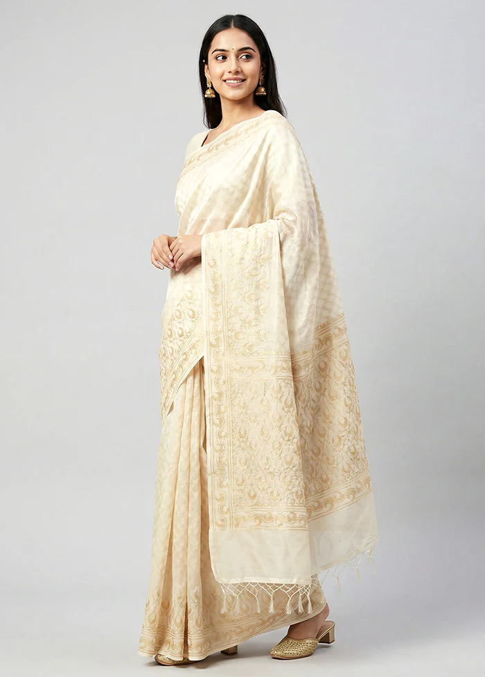 Cream Kora Silk Saree With Blouse Piece