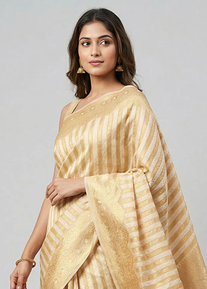 Cream Kora Silk Saree With Blouse Piece - Image 2