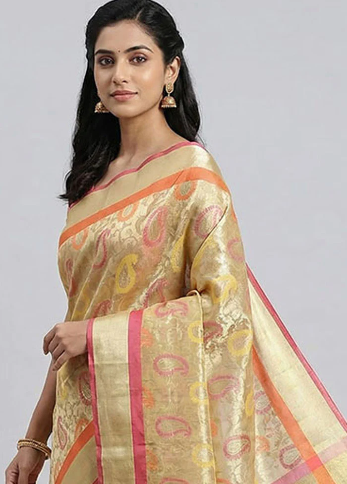 Cream Kora Silk Saree With Blouse Piece - Image 2