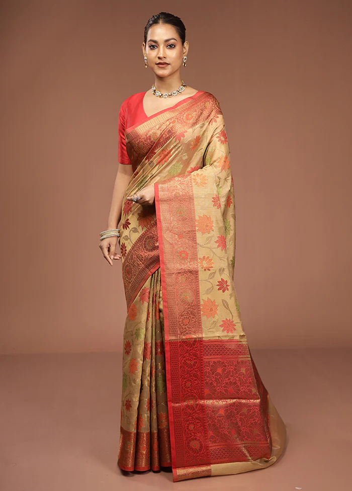 Cream Kora Silk Saree With Blouse Piece - Image 2