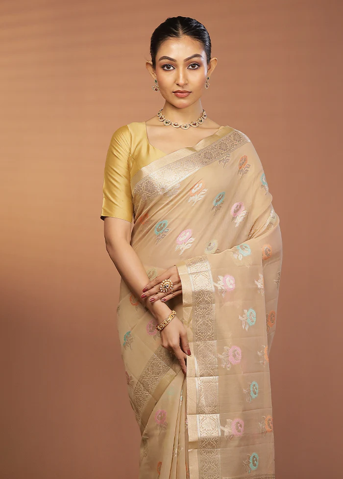 Cream Kora Silk Saree With Blouse Piece