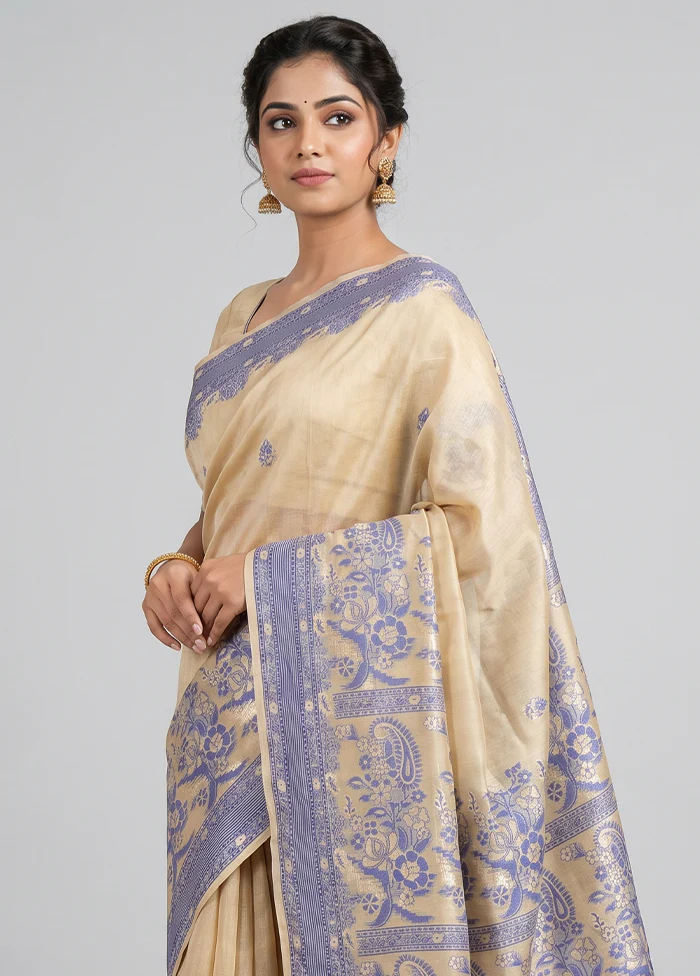 Cream Kora Silk Saree With Blouse Piece - Image 2