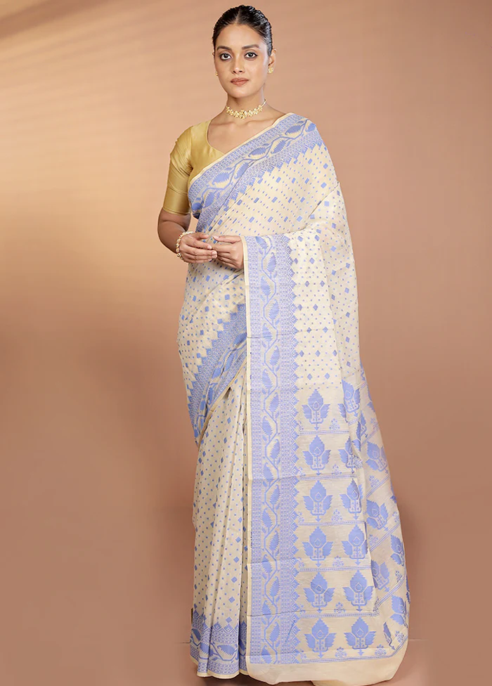 Cream Kora Silk Saree With Blouse Piece - Image 2