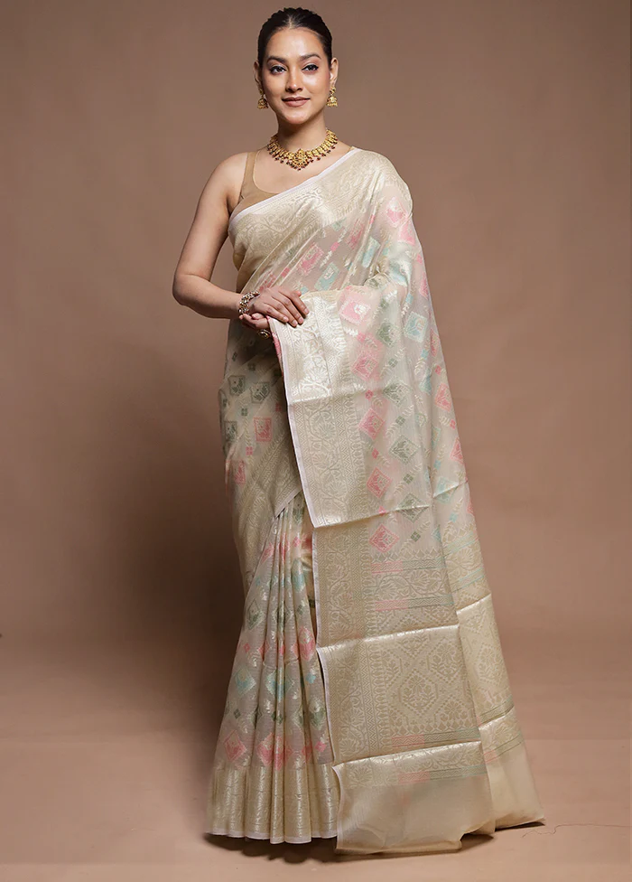 Cream Kora Silk Saree With Blouse Piece