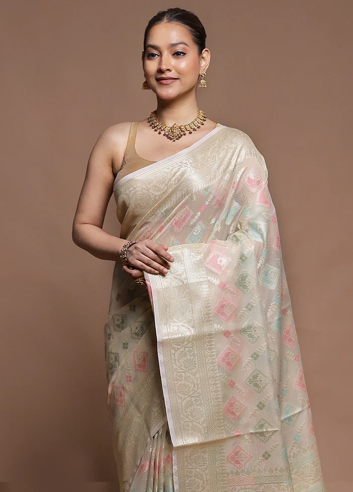 Cream Kora Silk Saree With Blouse Piece - Image 2