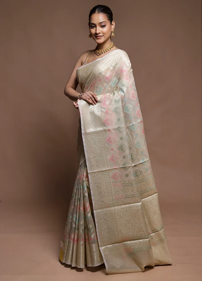 Cream Kora Silk Saree With Blouse Piece - Image 4