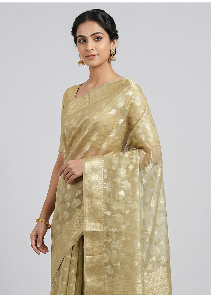 Cream Kora Silk Saree With Blouse Piece - Image 2
