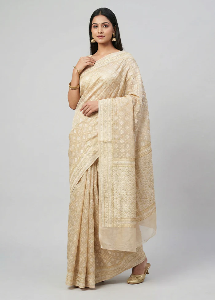 Cream Kora Silk Saree With Blouse Piece