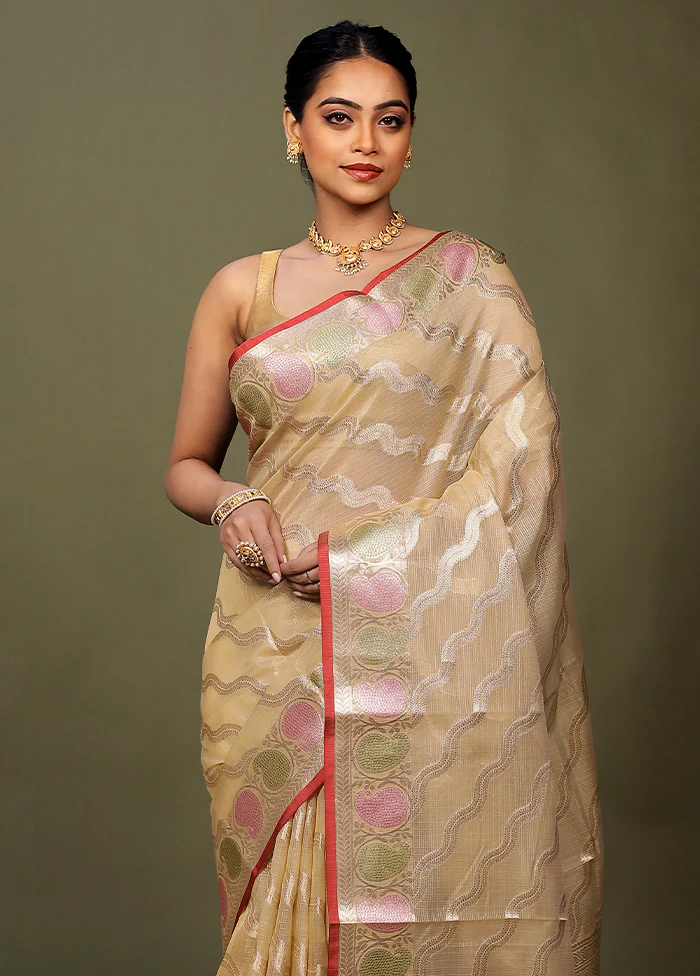 Cream Kora Silk Saree With Blouse Piece