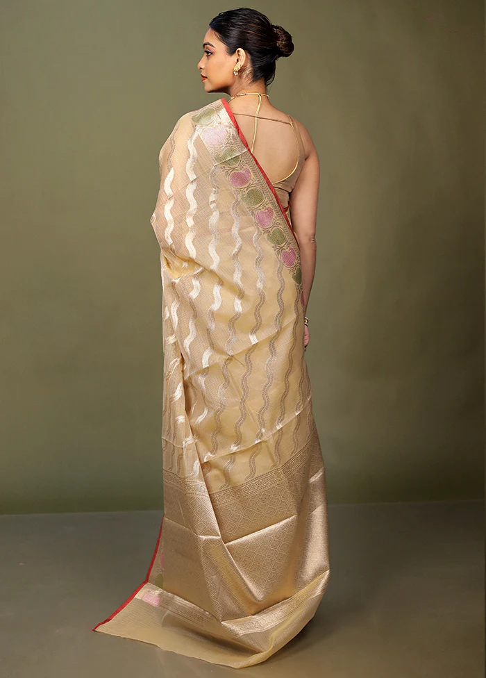 Cream Kora Silk Saree With Blouse Piece - Image 3