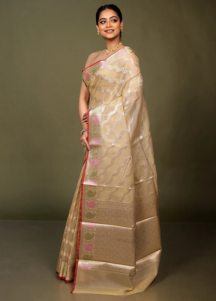 Cream Kora Silk Saree With Blouse Piece - Image 4