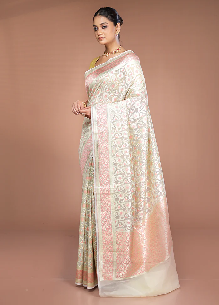 Cream Kora Silk Saree With Blouse Piece - Image 4