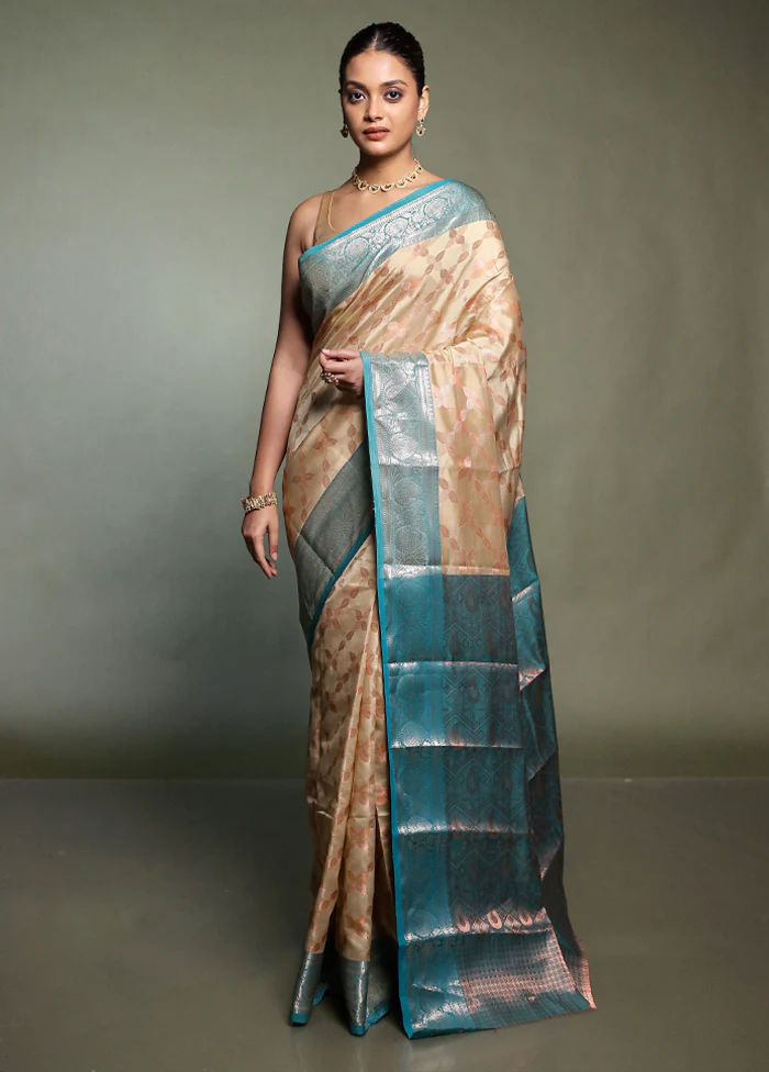 Cream Kora Silk Saree With Blouse Piece - Image 2
