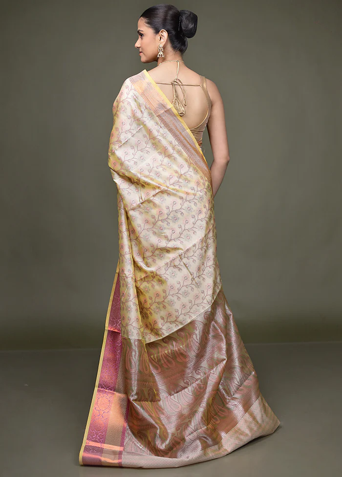 Cream Kora Silk Saree With Blouse Piece - Image 3