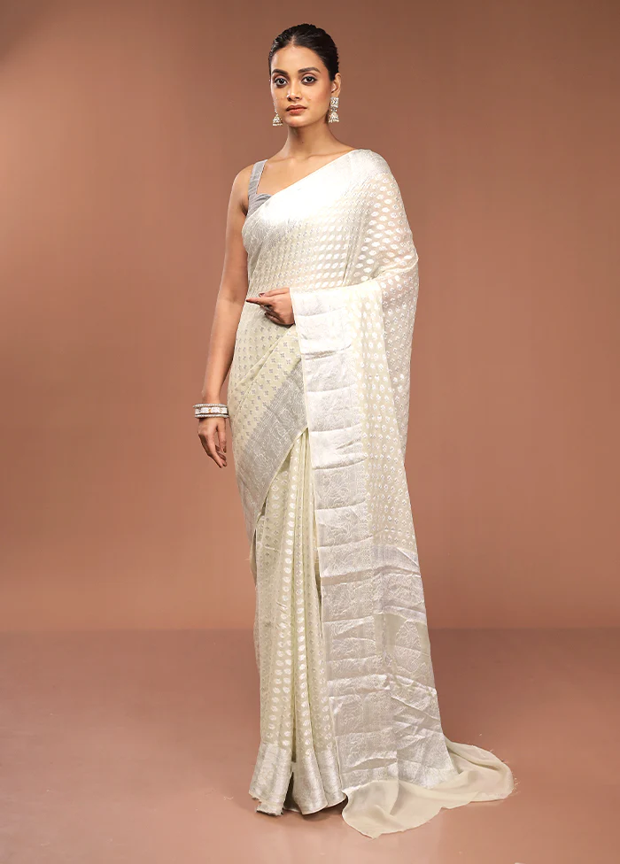Cream Kora Silk Saree With Blouse Piece - Image 2