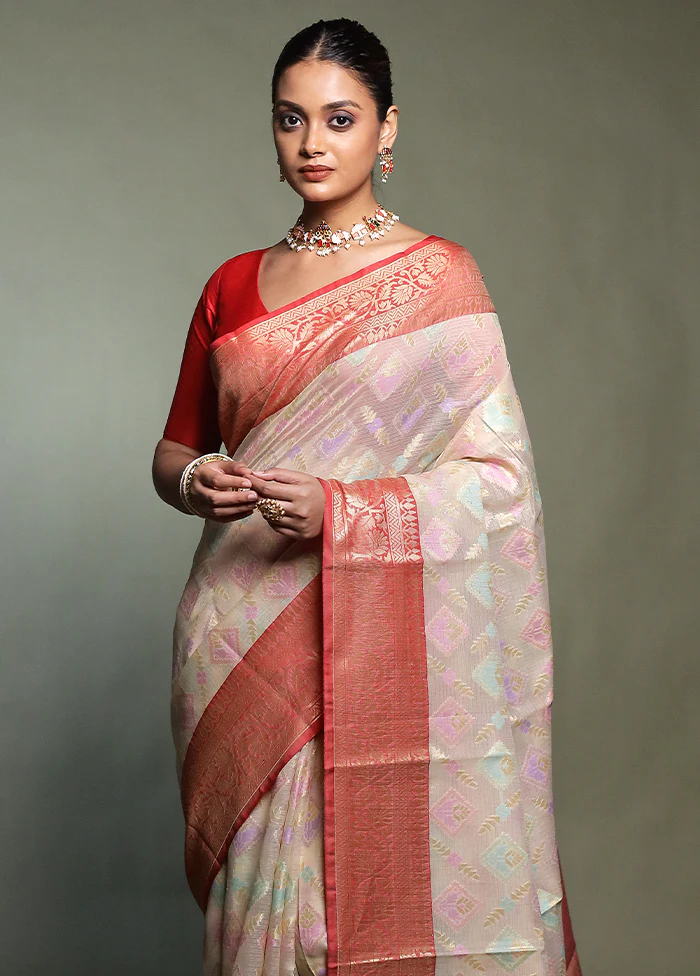 Cream Kora Silk Saree With Blouse Piece