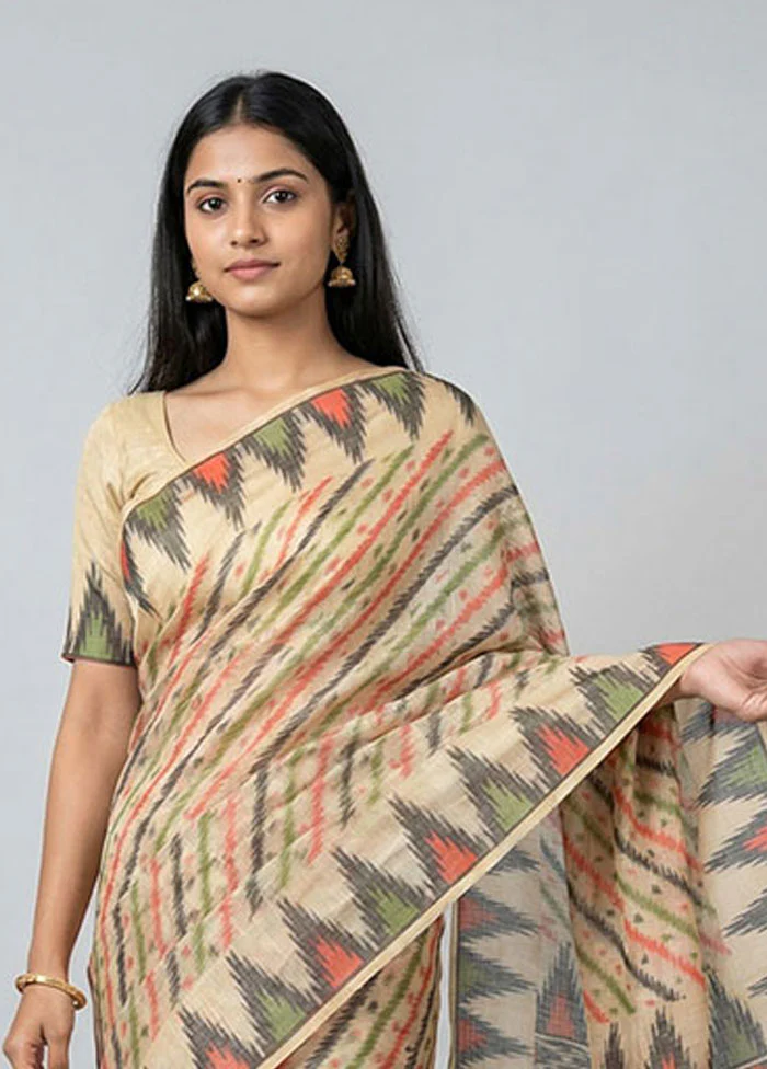 Cream Kora Silk Saree With Blouse Piece - Image 2