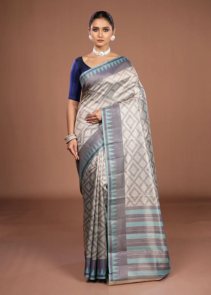 Cream Kora Silk Saree With Blouse Piece - Image 2