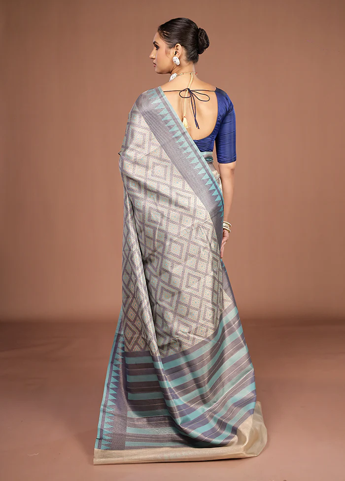 Cream Kora Silk Saree With Blouse Piece - Image 3