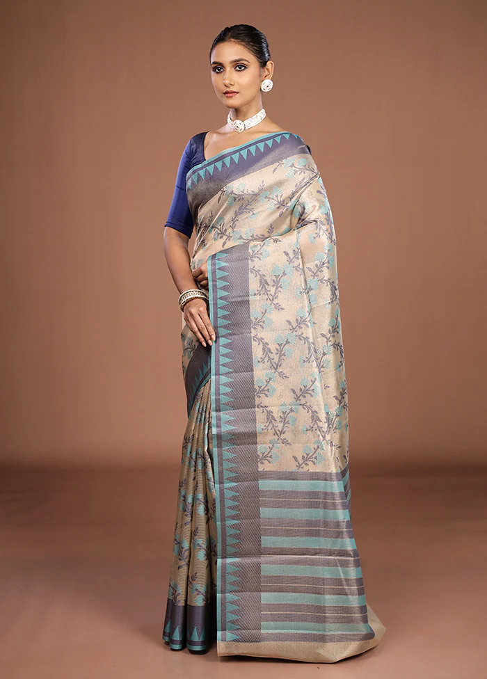 Cream Kora Silk Saree With Blouse Piece - Image 4