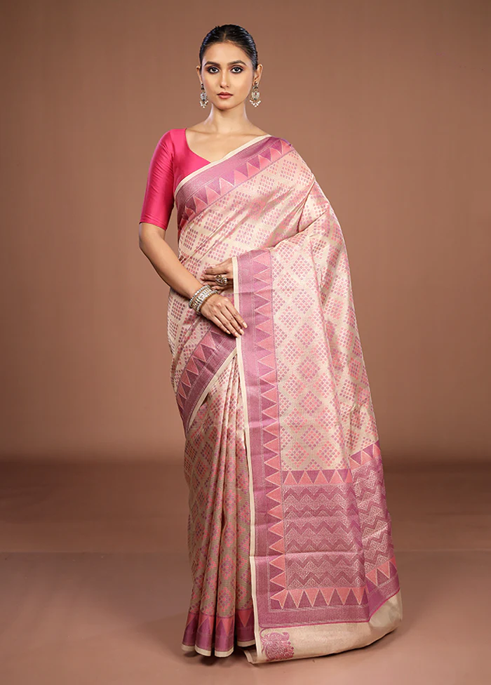 Cream Kora Silk Saree With Blouse Piece - Image 2