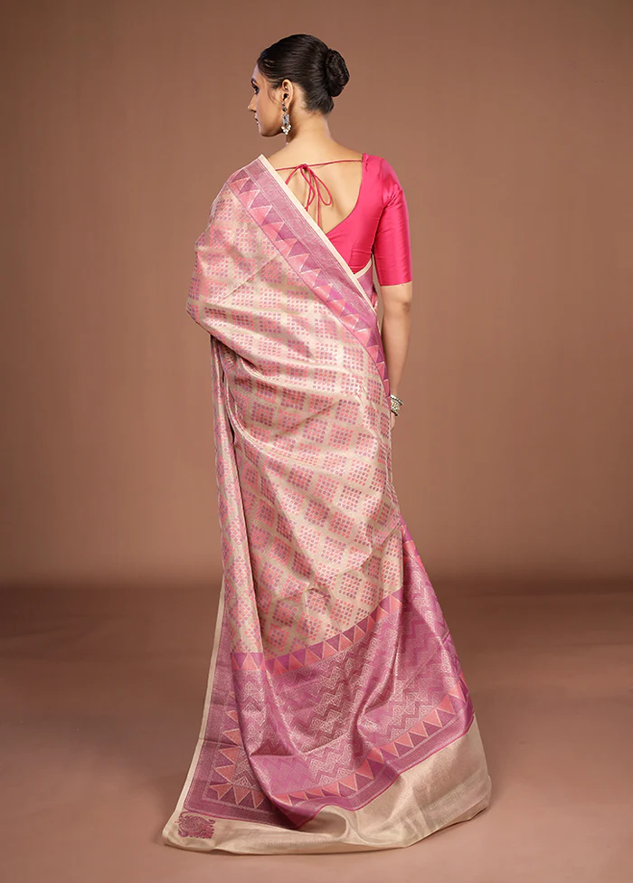 Cream Kora Silk Saree With Blouse Piece - Image 3