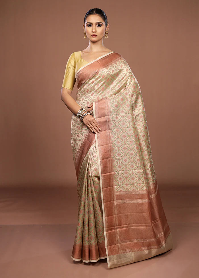 Cream Kora Silk Saree With Blouse Piece - Image 2