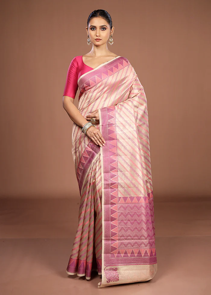 Cream Kora Silk Saree With Blouse Piece - Image 2