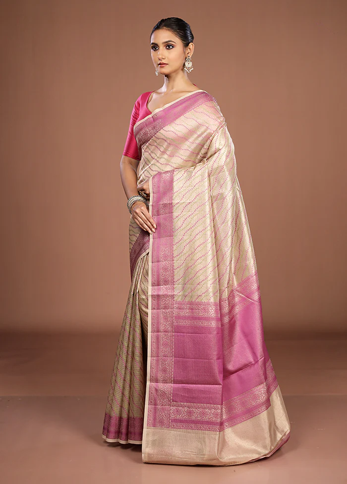 Cream Kora Silk Saree With Blouse Piece - Image 4
