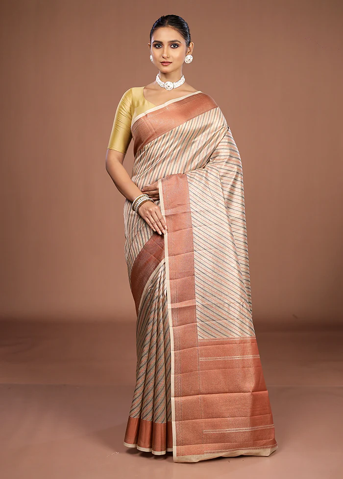 Cream Kora Silk Saree With Blouse Piece - Image 2