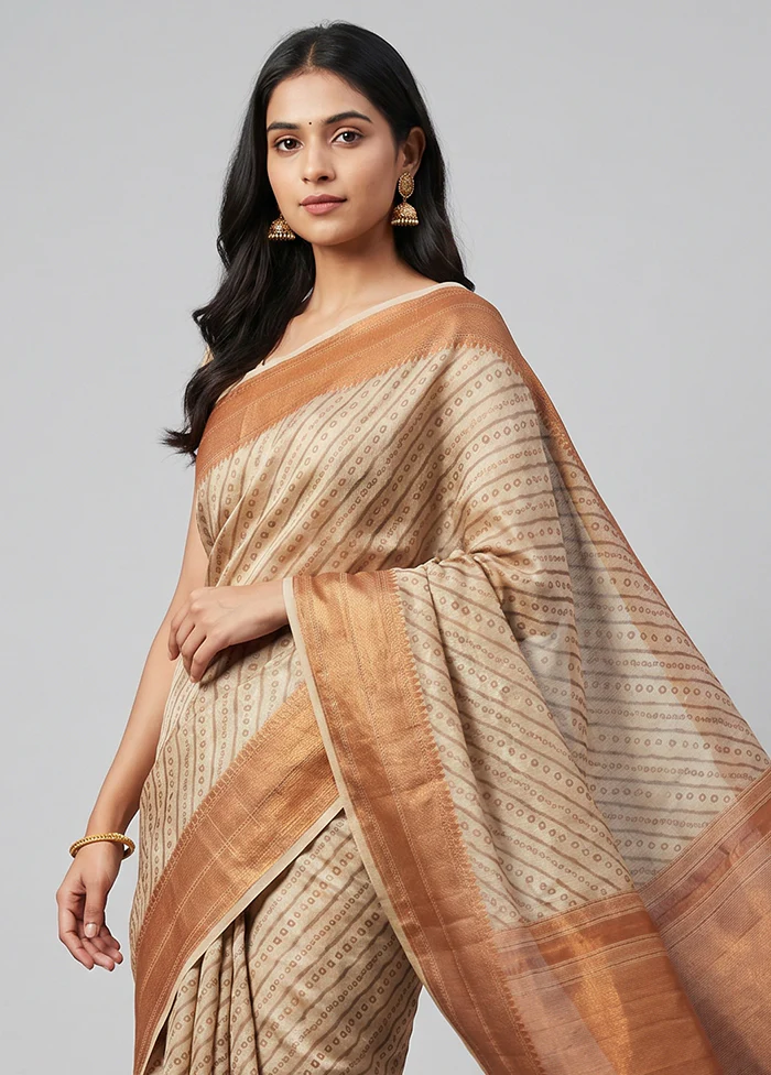 Cream Kora Silk Saree With Blouse Piece - Image 2