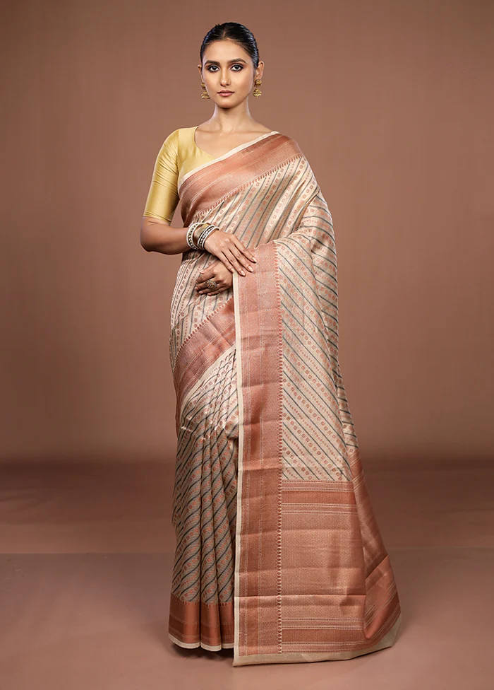 Cream Kora Silk Saree With Blouse Piece - Image 2