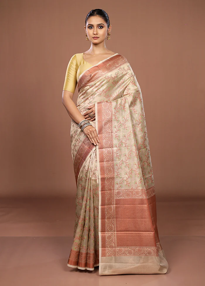 Cream Kora Silk Saree With Blouse Piece - Image 2