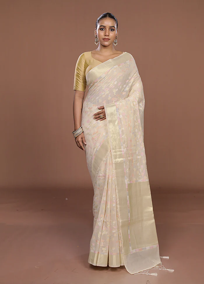 Cream Kora Silk Saree With Blouse Piece - Image 2