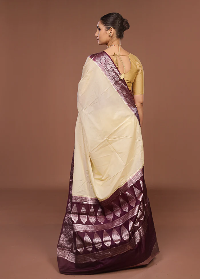 Cream Kora Silk Saree With Blouse Piece - Image 3