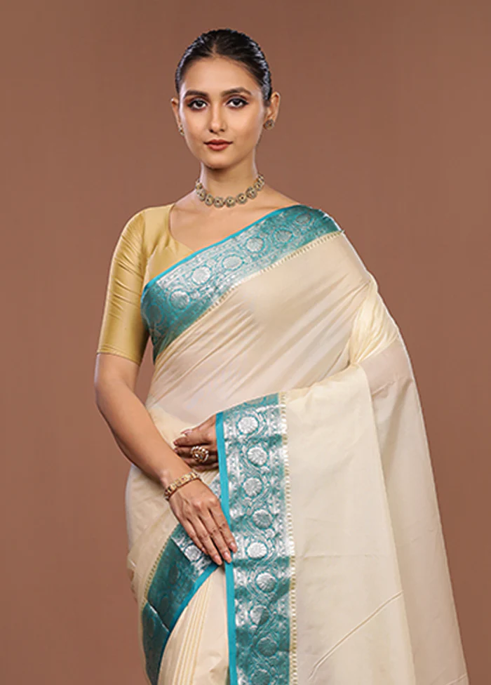 Cream Kora Silk Saree With Blouse Piece