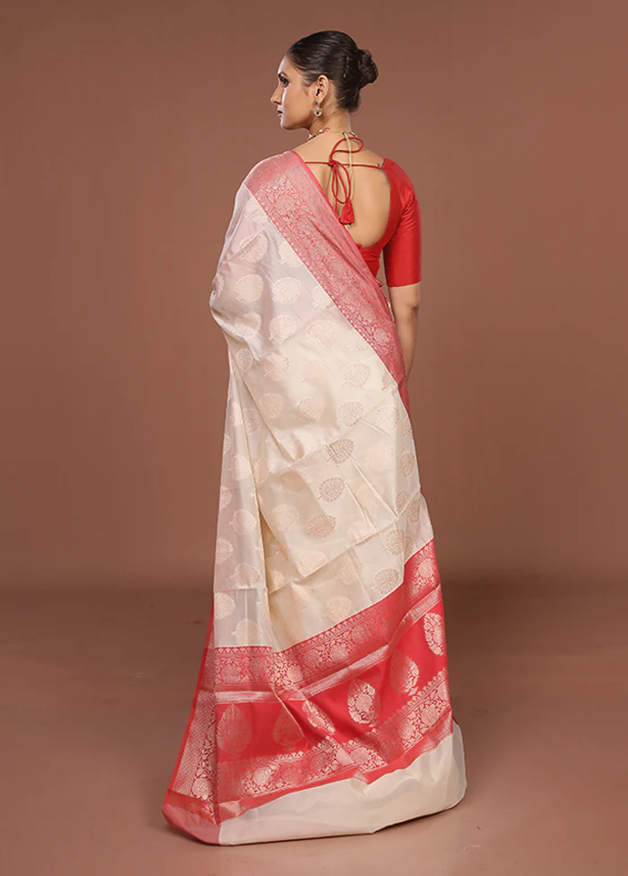 Cream Kora Silk Saree With Blouse Piece - Image 3