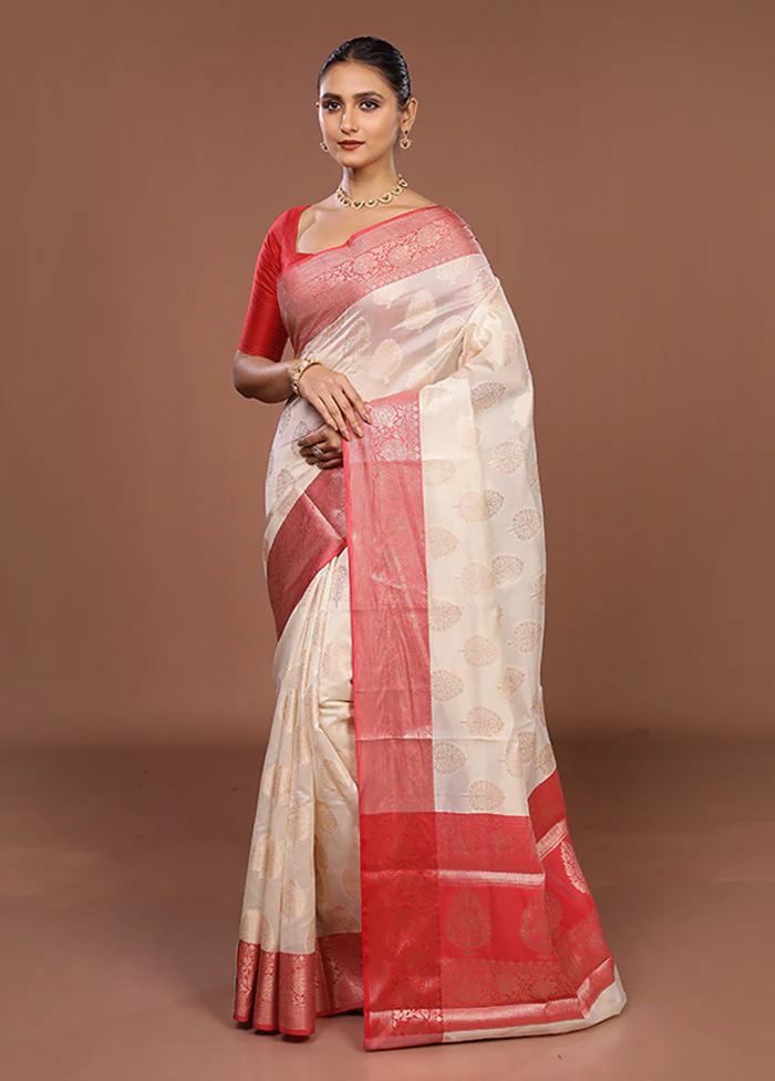 Cream Kora Silk Saree With Blouse Piece - Image 4